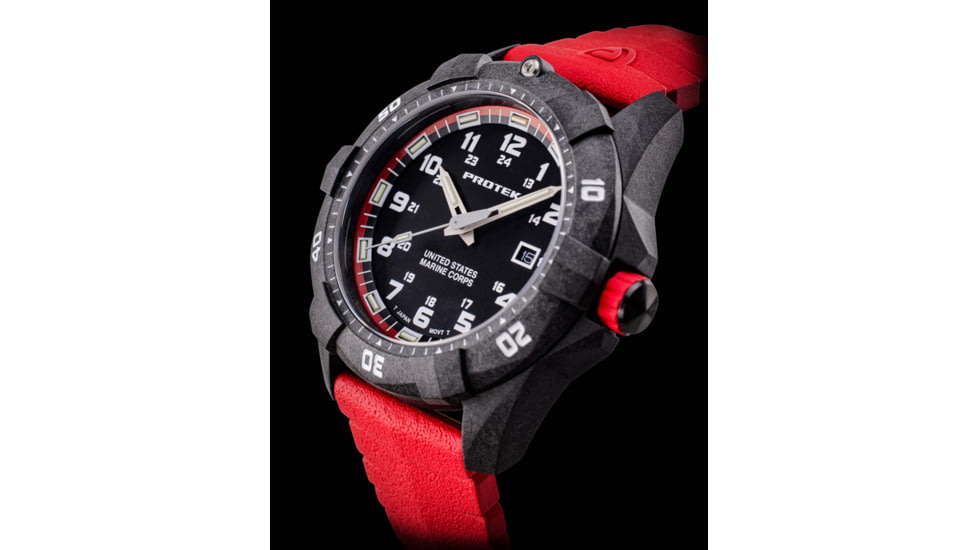 ProTek Carbon USMC Dive Watch, Carbon Case/Black&amp;Red Dial/Red Strap, One Size, PT1012R