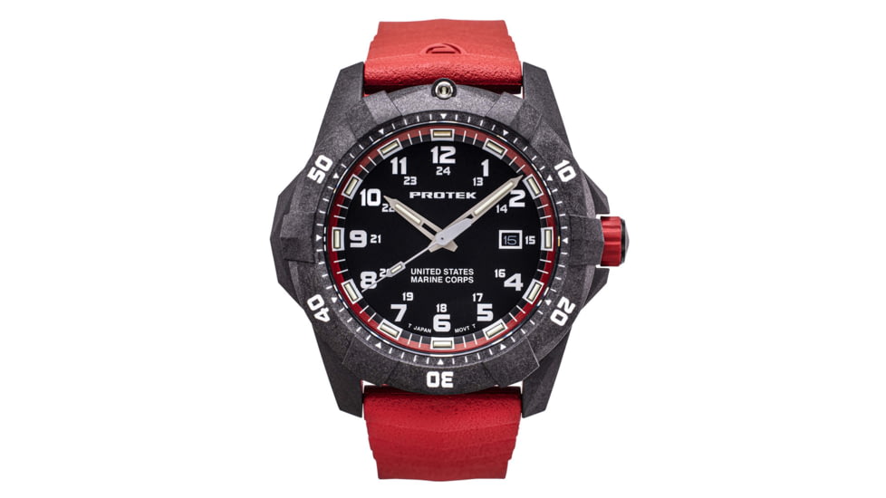 ProTek Carbon USMC Dive Watch, Carbon Case/Black&amp;Red Dial/Red Strap, One Size, PT1012R