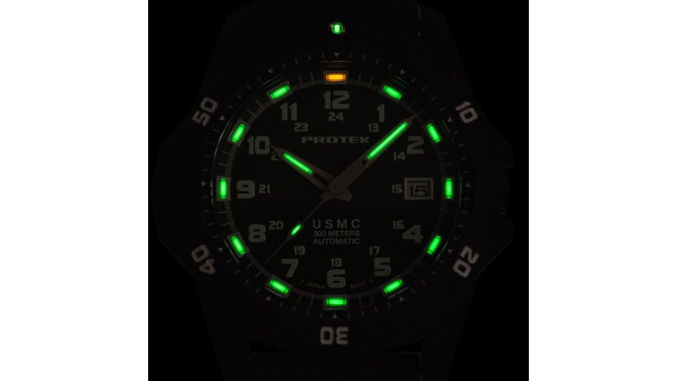 ProTek Model PT1211 USMC Analog Watch, 42mm Case Diameter, Carbon Composite Bezel, Black Rubber Strap, PT1211