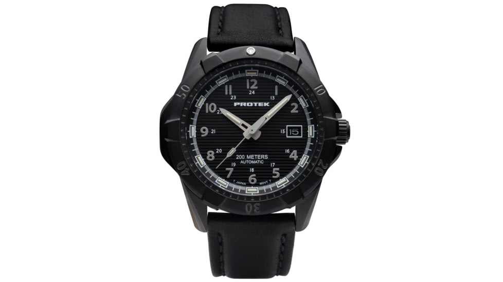 ProTek Model PT2202 Steel Dive Analog Watch, 42mm Case Diameter, Black PVD Steel Bezel, Italian Leather Strap, PT2202
