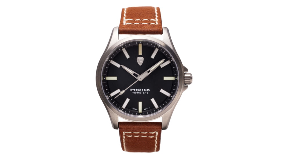 ProTek Titanium Field Watch, Titanium Case/Black Dial/Dark Tan Strap, One Size, PT3001