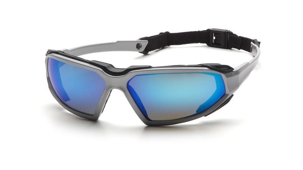 Pyramex Highlander Safety Eyewear - Ice Blue Mirror Anti-Fog Lens, Silver-Black Frame SSB5065DT