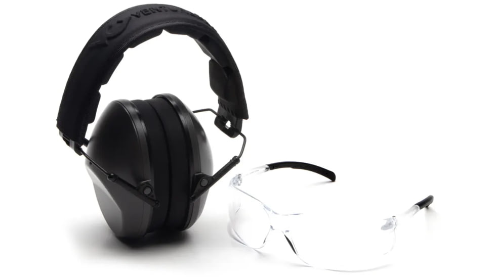 Pyramex VGCOMBO110 Low-Profile Combo Kit Scratch Resistant Clear Lens &amp; Frame with Rubber Temple Tips, Gray Low-Profile Earmuffs, VGCOMBO110