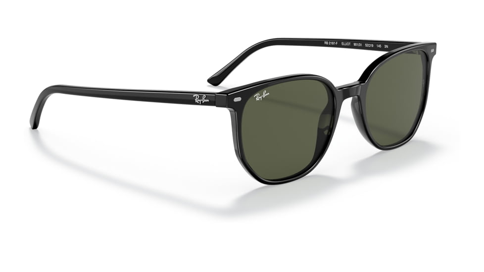 Ray-Ban RB2197F Elliot Sunglasses, Shiny Black Frame, Green Lens, Asian Fit, 54, RB2197F-901-31-54