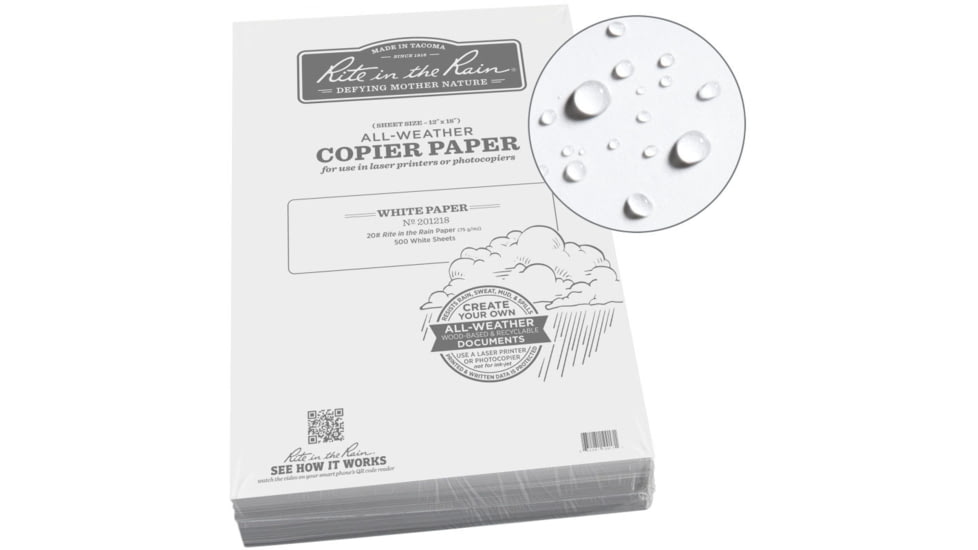 Rite in the Rain Copier Paper, 20# Bond, 12x18, 500 Sheets, White, 201218