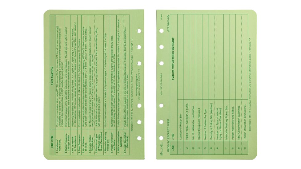 Rite in the Rain LOOSE LEAF - GREEN - 9 LINE MEDEVAC, Green, 4 5/8 x 7 952