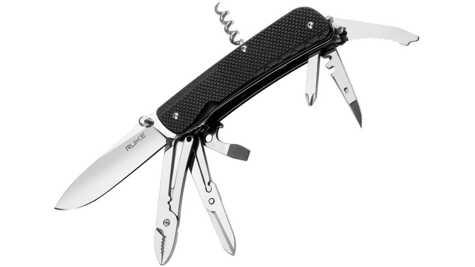 RUIKE L41 Large Multifunction Knife Multi-Tools, Folding Knife, 4.5in Closed, Black G10 Handle, Drill, Facer, Spoke Wrench, Black, L41-B
