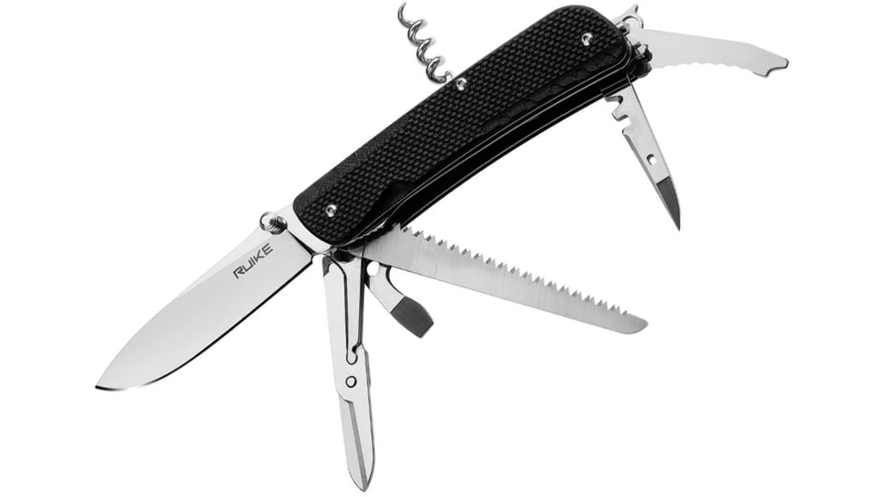 RUIKE L42 Large Multifunction Knife Multi-Tools, Folding Knife, 4.5in Closed, Black G10 Handle, Spoke Wrench, Drill, Facer, Black, L42-B