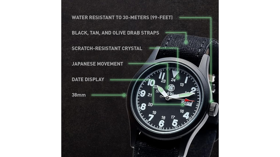 Campco Smith &amp; Wesson Analog Military Watch, 38mm Case Diameter, Nylon Black Band, SWW1464BK