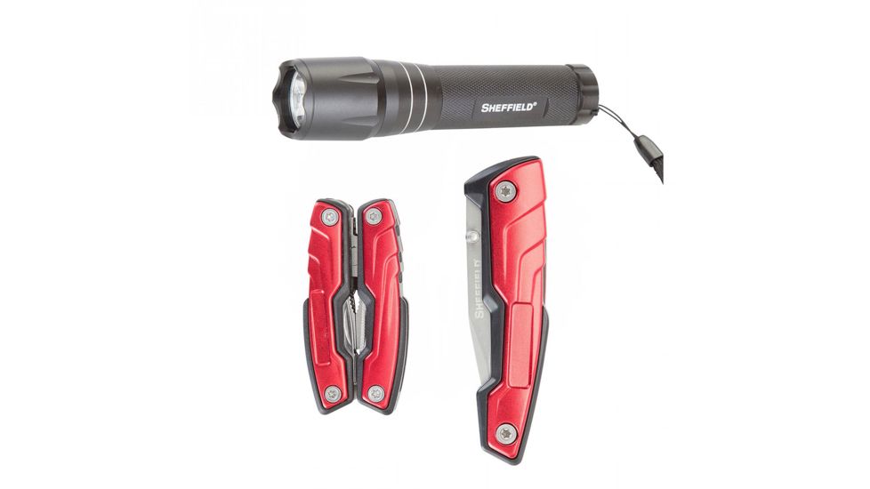 Sheffield 3 Pc. Knife / Multi-Tool / Flashlight Set, Black/Red 12940