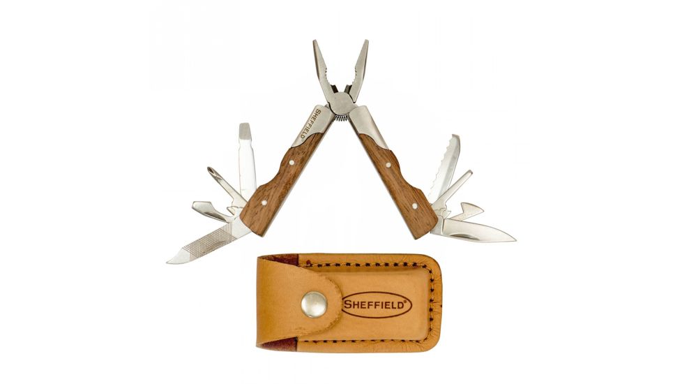 Sheffield Premium Mini 14-in-1 Folding Multi Tool w/ Sheath and Wooden Handle 12806