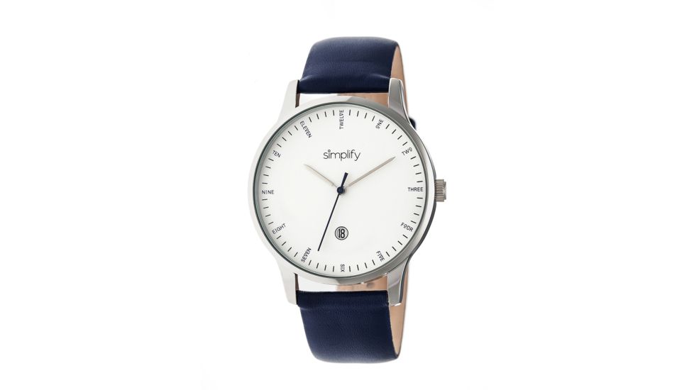 Simplify The 4300 Leather Strap Watch with Date Display, Navy, Standard SIM4304