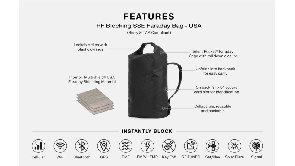 SLNT RF Blocking SSE Faraday Bag, USA Berry Compliant, Black, 19L, SL-PKGB-BER-01