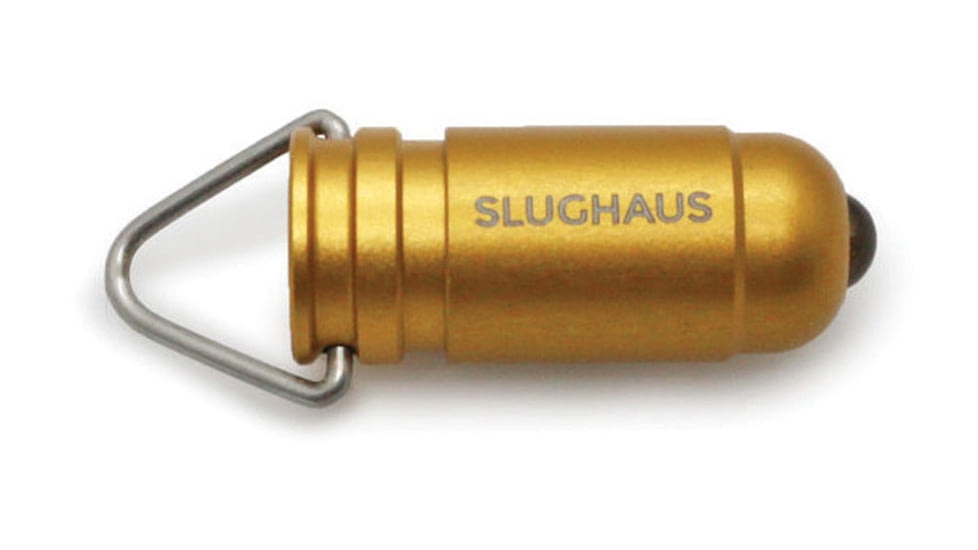 Slughaus Bullet 02 Light Brass, 1.13in X 0.39in X 0.39in, Impact Resistant, Water Resistant, Keychain, Fire Proof, Led, Twist Operation, Aluminum Construction, Gold, SLUG007