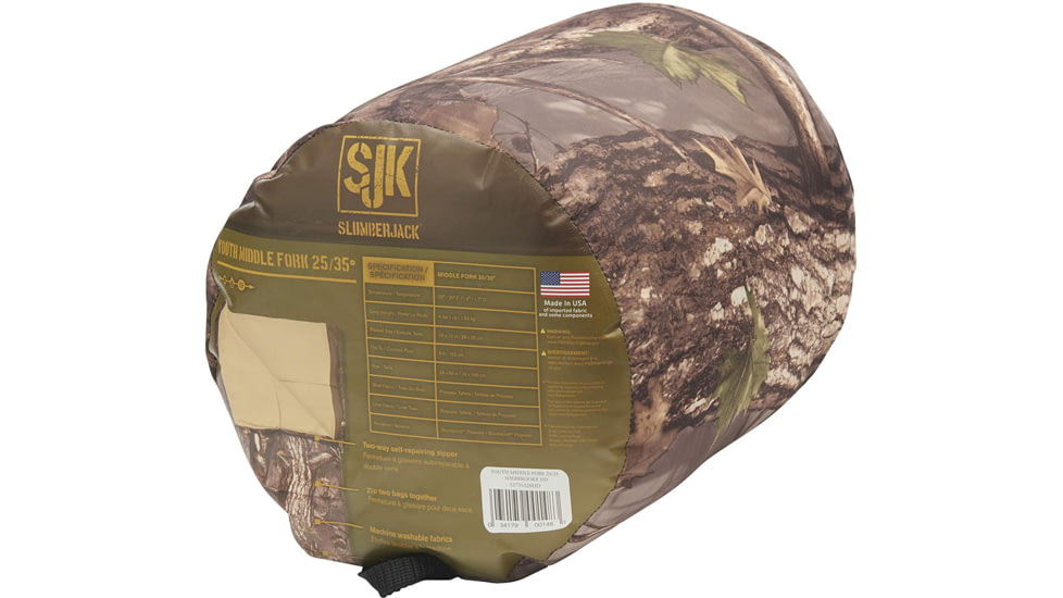 Slumberjack Youth Middle Fork 25-35 Degrees Sleeping Bag, Rectangular, HD Camo, 52735320HD