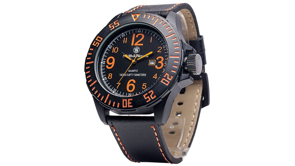 Smith and Wesson Water Resistant EGO Watch w/ Leather Strap, 52mm, Black/Orange SWW-LW6058