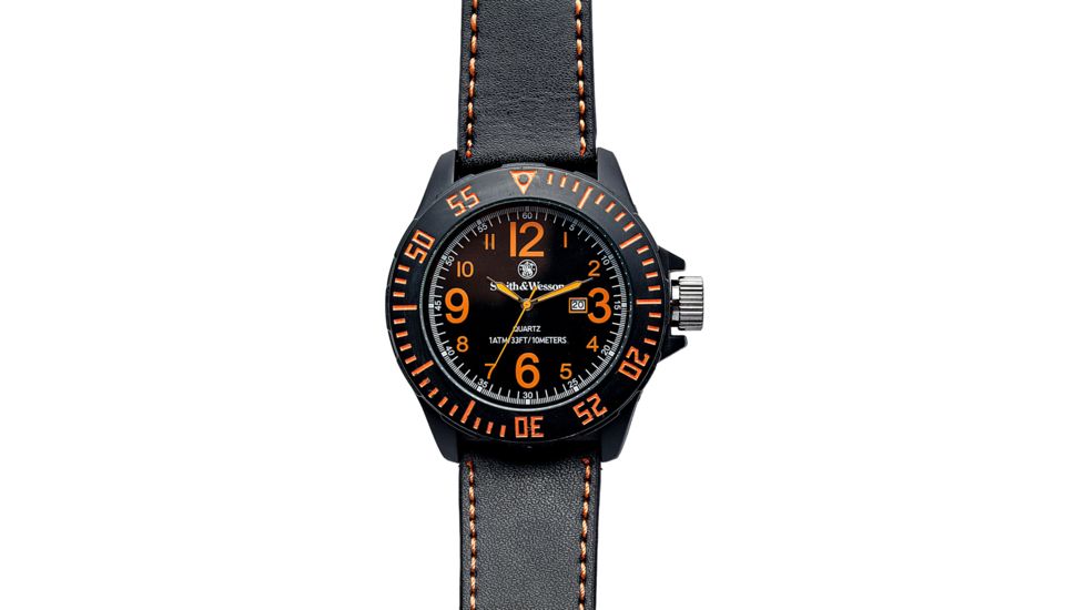 Smith and Wesson Water Resistant EGO Watch w/ Leather Strap, 52mm, Black/Orange SWW-LW6058
