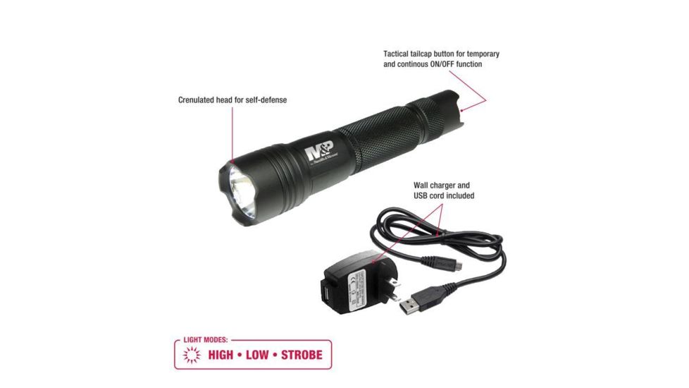 Smith &amp; Wesson M&amp;P15 USB Rechargeable LED Flashlight, 800 Lumens, Black body/White LED 110221