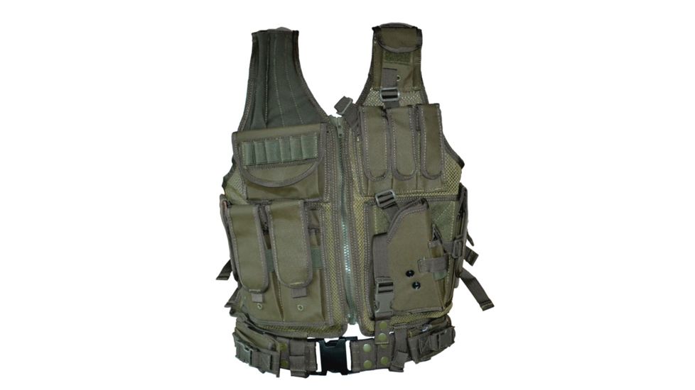 Sniper Tactical Multi Function Molle Plate Vest w/ Carrier for Bullet Clips, Bullets w/ Pouch, Green, Fully Adjustable Length / Girth ASVT01-OD