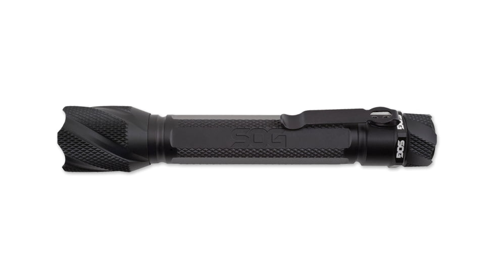 SOG Specialty Knives &amp; Tools Dark Energy LED Flashlight with Belt Clip, Black, AA Batteries Included, 200 Lumens DE-04