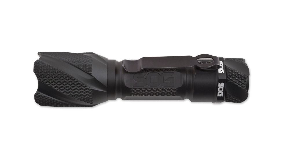 SOG Specialty Knives &amp; Tools Dark Energy LED Flashlight with Belt Clip, Black, AA Battery Included, 120 Lumens DE-03