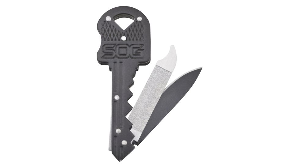 SOG Specialty Knives &amp; Tools Double Key Tool - Knive And File, 1.5in 5Cr13Mov Steel Drop Point Blade, Stainless Steel Black Handle, KEY401CP