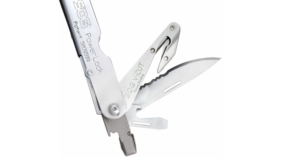 SOG Specialty Knives &amp; Tools PowerLock Multi-Tool w/ V-Cutter, Nylon Sheath, Silver/Satin, SOG-S62N-CP