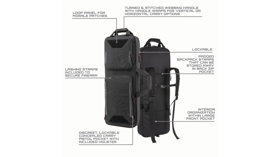 Tac-Six Tac-Six Polyester Ghost Vertical Tactical Gun Case w/Backpack Straps and Pocket, Lockable, Zipper, 34in Long, Stitched Webbing Handle, Padded Lining, Black, 10831