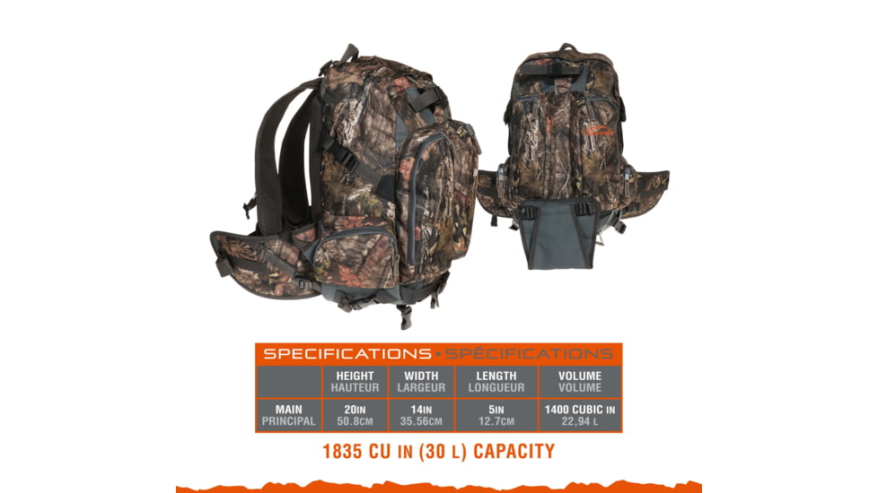 Terrain Twin Mesa Backpack/Daypack, Black/Mossy Oak Break-Up Country, 1853 cubic ines, 18924