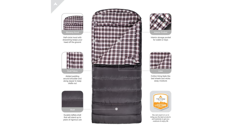 TETON Sports Fahrenheit XXL 0 F Sleeping Bag, Left Zipper, Grey/Red, 2XL, 1060L