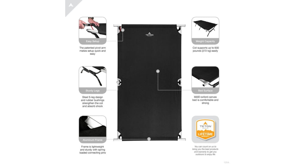 TETON Sports Outfitter XXL Camp Cot with Pivot Arm, Black, 2XL, 120A