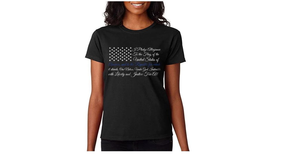 Thin Blue Line Women's T-shirt - Pledge Of Allegiance Flag - WOM-TBL-POA-BLACK-XXL