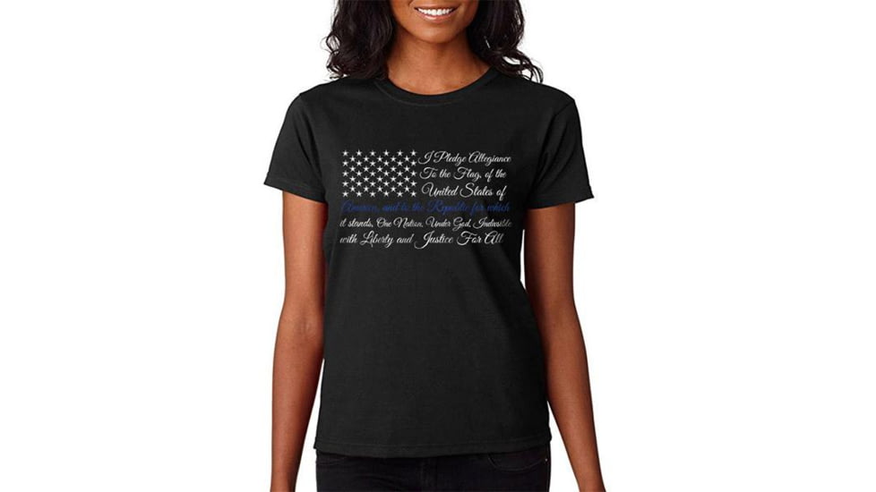 Thin Blue Line Womens T-shirt - Pledge Of Allegiance Flag - WOM-TBL-POA-BLACK-LARGE