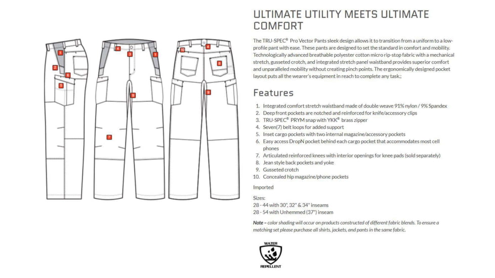 TRU-SPEC 24-7 Series Pro Vector Pants - Mens, Black, 38x30, 1560047