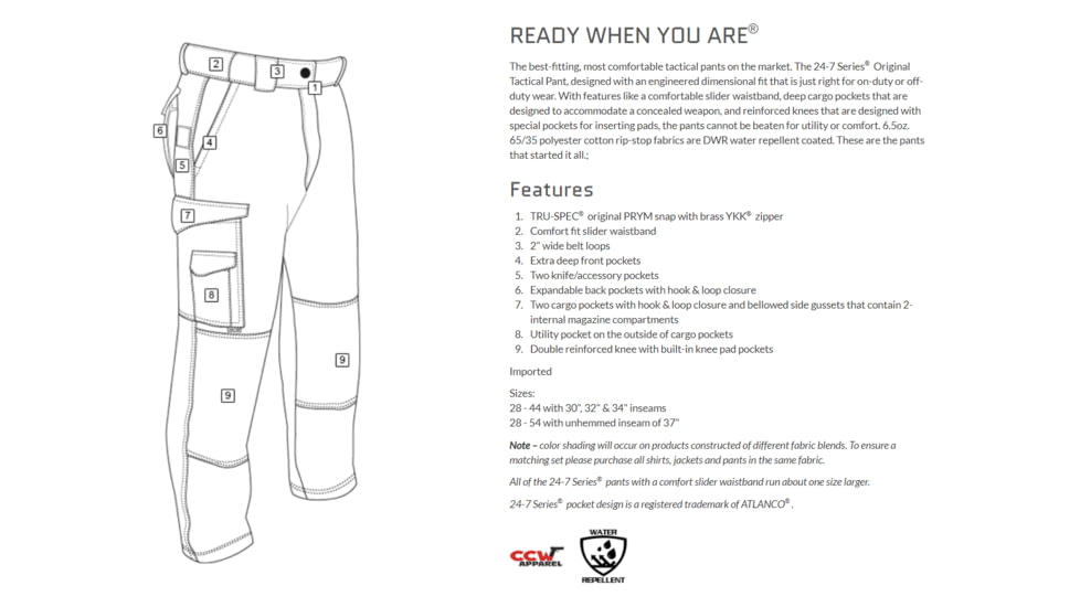 TRU-SPEC 24-7 Series Tactical Teflon Pants - Mens, PolyCotton Ripstop, Black, Waist 28 in, Inseam 32 in, 1062002
