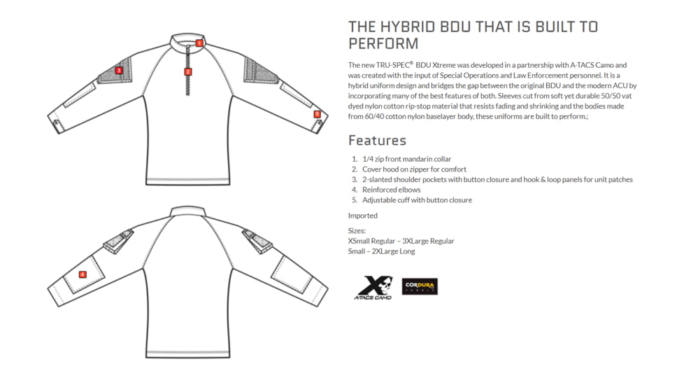 TRU-SPEC A-TACS Xtreme BDU 1/4 Zip Combat Shirt - Mens, A-Tacs Ix, Extra Small, Regular, 1777002