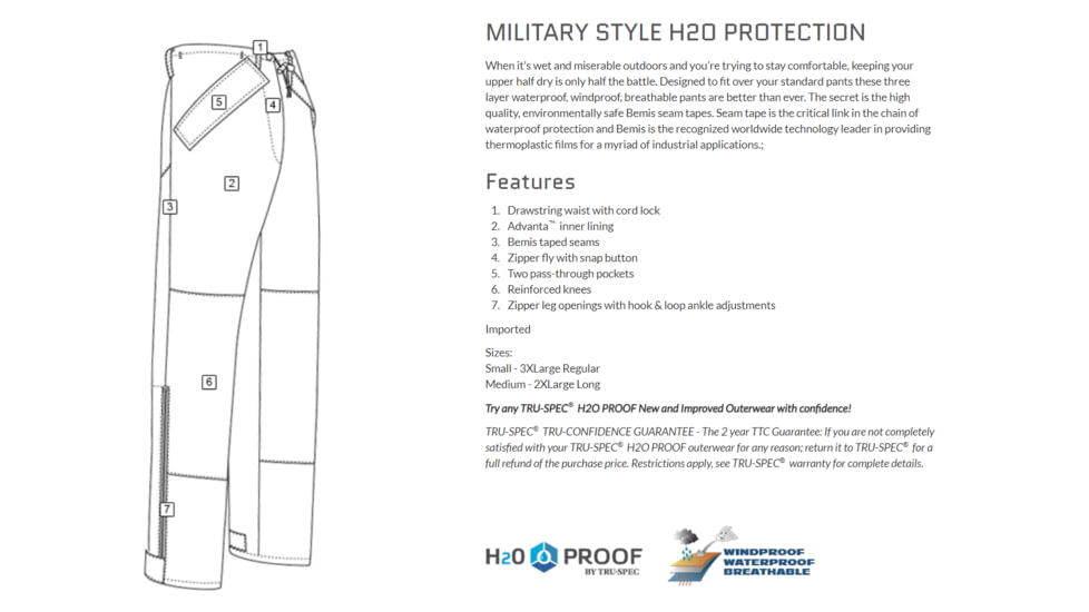 TRU-SPEC H2O Proof Trouser - Mens, Black, 2XL, Regular, 2046007