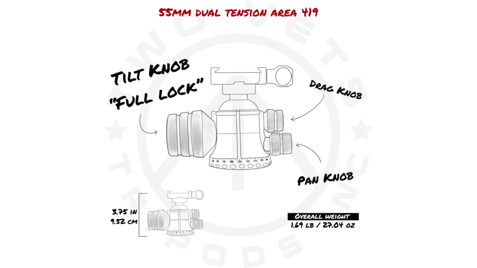 Two Vets Tripods Inc 55MM Dual Tension Ballhead W/ Area 419 ARCALOCK CLAMP, Black/Gold, 4in, 55MM419