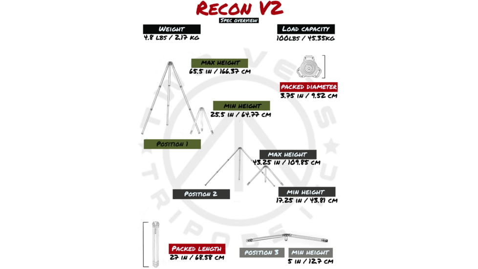Two Vets Tripods Inc Recon V2 Tripod, Carbon Fiber/Black, 27-65.5in, RECONV2