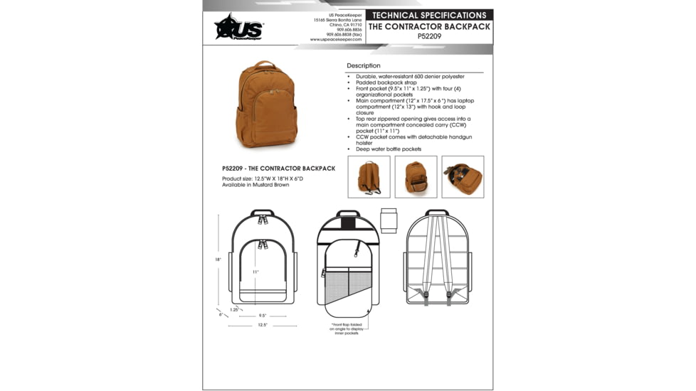 Us Peacekeeper The Contractor Backpack  12.5x18x 6in, Mustard Brown, P52209