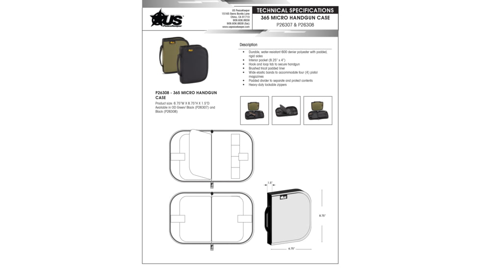US PeaceKeeper P26308 365 Micro Black Holds 1 Handgun Polyester, P26308