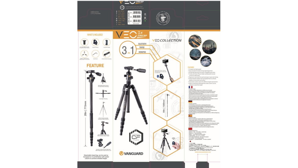 Vanguard Veo3X Lightweight Compact Travel Kit with Carbon 4-in-1 Tripod, Ball Head, Monopod, Bluetooth Remote, SPC, Black/Gray, VEO3X235CBP