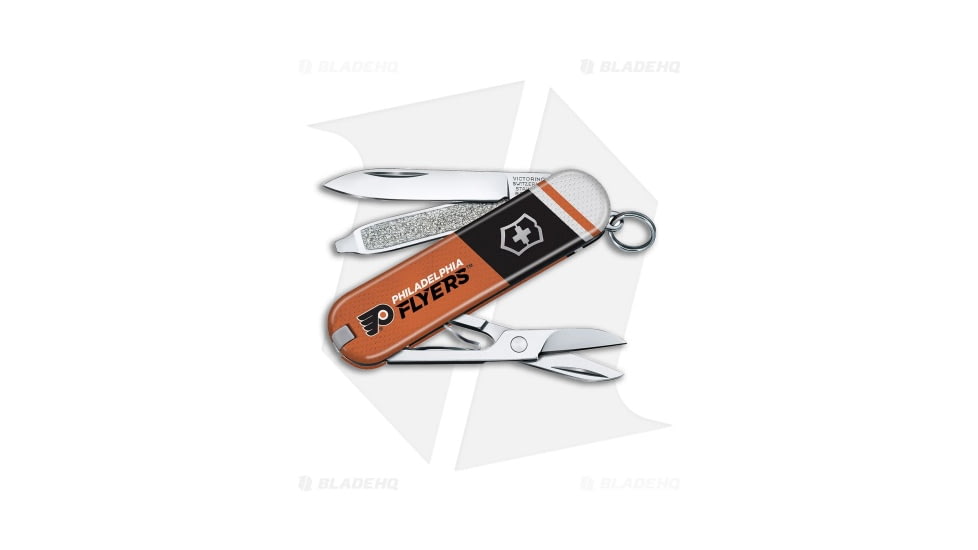 Victorinox Swiss Army Knife Classic SD Folding Knives, 1.55in, Black/Brown/White Handle, Philadelphia Flyers, Steel/Black/Brown/White, 2.25in, BHQ-205625