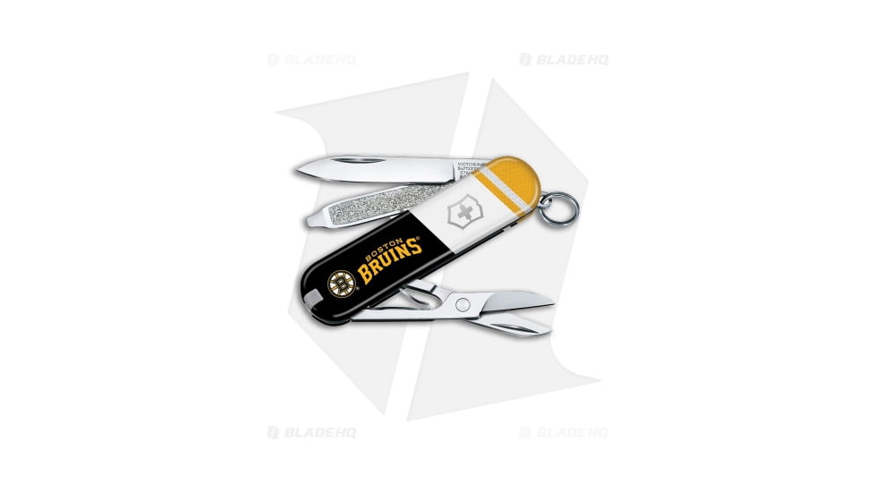 Victorinox Swiss Army Knife Classic SD Folding Knives, 1.55in, Black/White/Yellow Handle, Boston Bruins, Steel/Black/White/Yellow, 2.25in, BHQ-205613