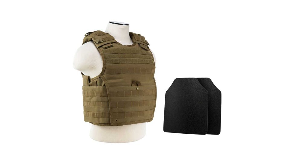 Vism Expert Plate Carrier Vest w/2 10x12in Level IIIA Shooters Cut Hard Ballistic Panels, Tan, Large BUCCVPCVX2963T-A
