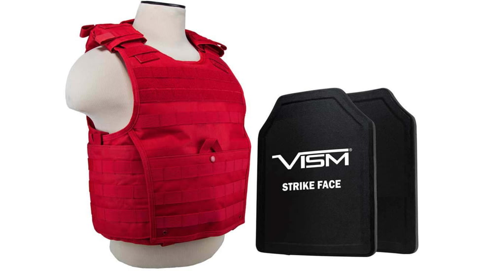 VISM Expert Plate Carrier Vest w/Two 11X14 LVL III+ Shooters Cut Hard Ballistic Plates, Med - 2XL, Red, BPLCVPCVX2963R-A