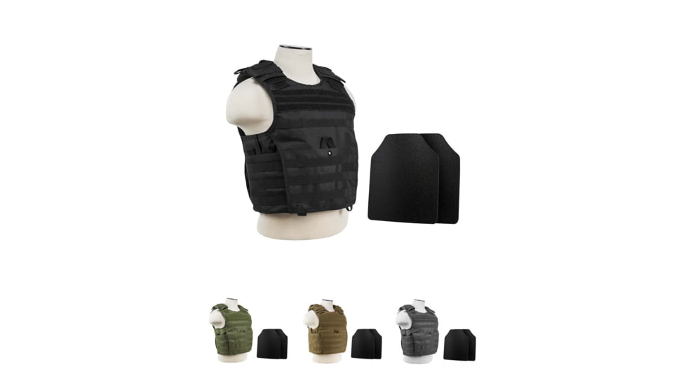 Vism Expert Plate Carrier Vest w/2 10x12in Level IIIA Shooters Cut Hard Ballistic Panels, Black, Green, Tan, Urban Gray