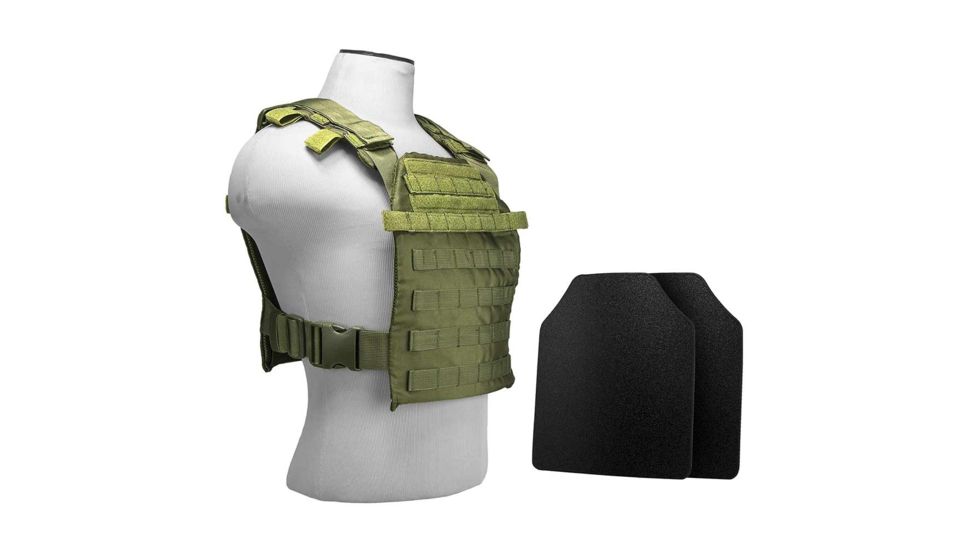 Vism Fast Plate Carrier w/2 10x12in Level IIIA Shooters Cut Hard Ballistic Plates, Green BUCCVPCF2995G-A