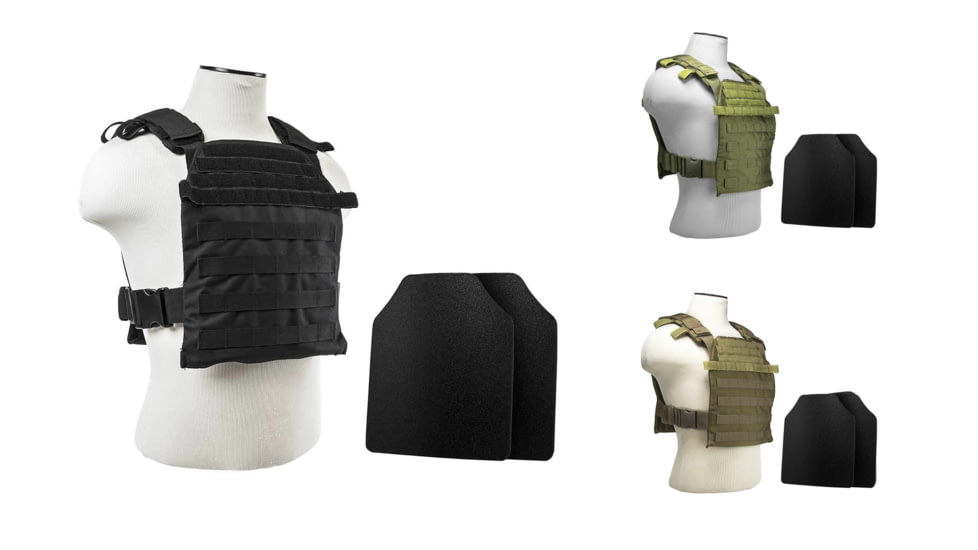 Vism Fast Plate Carrier w/2 10x12in Level IIIA Shooters Cut Hard Ballistic Plates, Black, Green, Tan