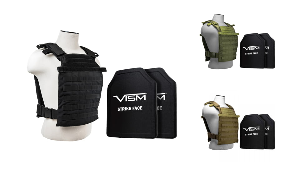 Vism Larger Fast Plate Carrier w/2 11x14in Level III and PE Shooters Cut Hard Ballistic Plates, Black, Green, Tan